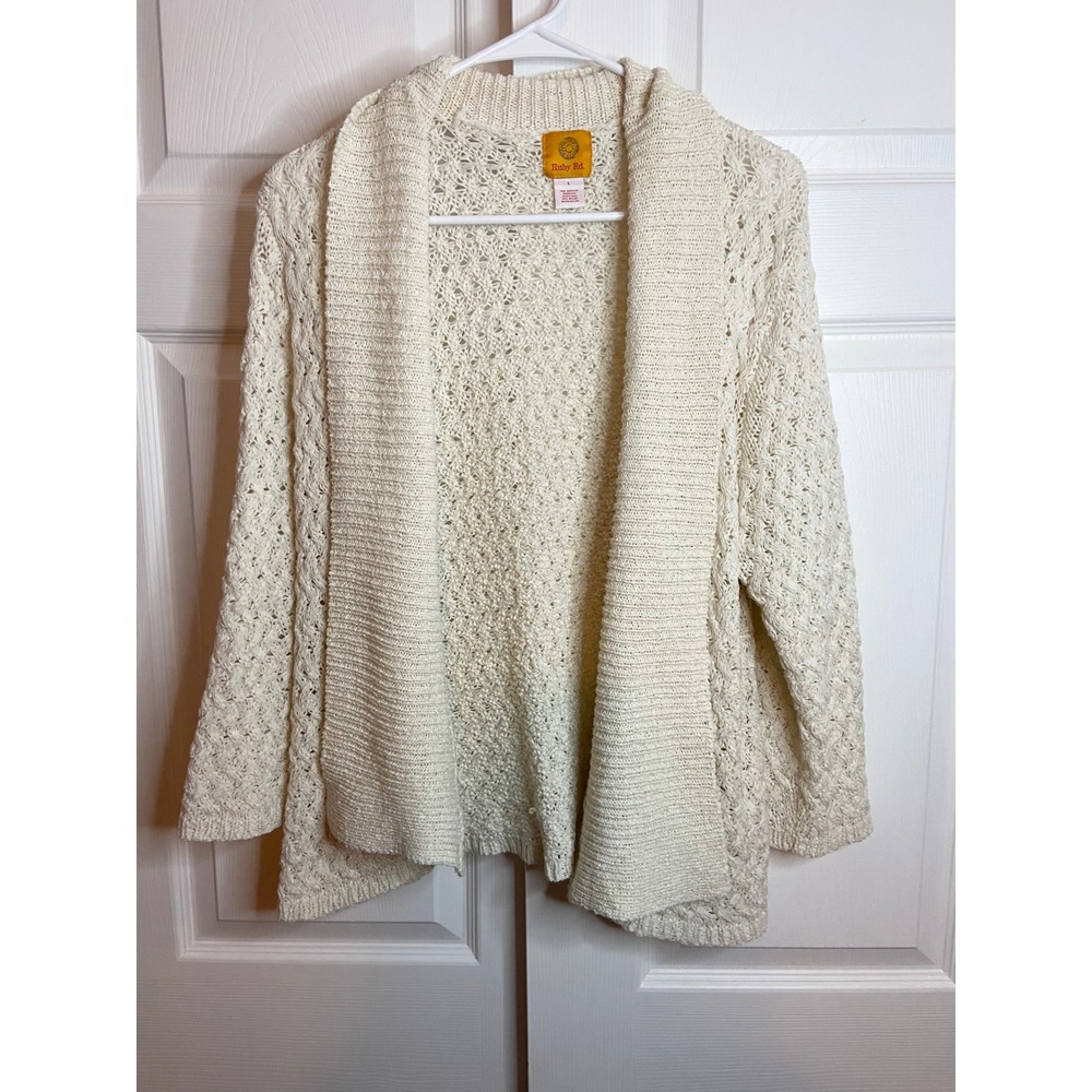 Ruby Rd Women Cream Ivory Crochet Knit Open Front Shawl Collar Cardigan Large